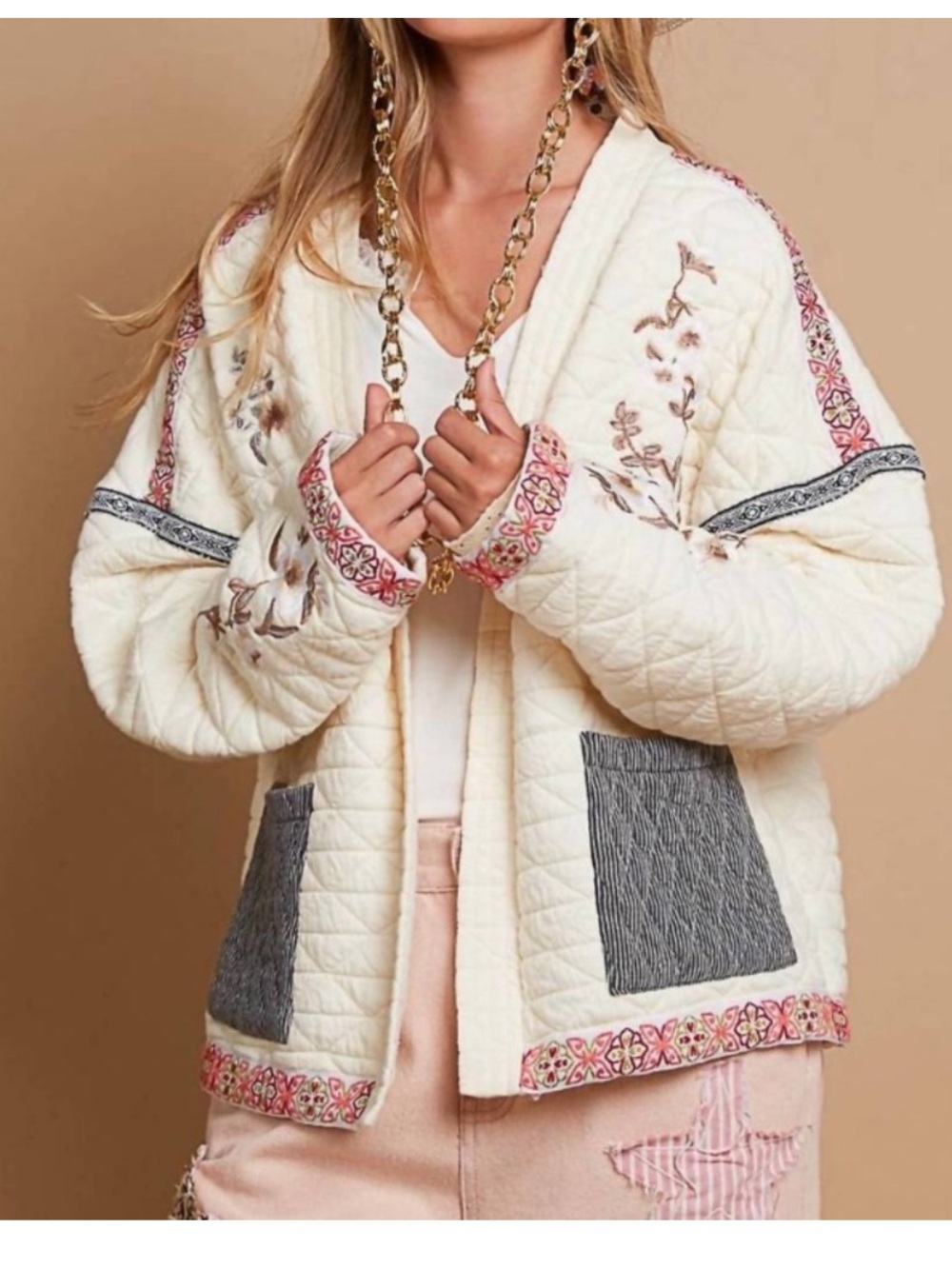POL Cream Quilted Embroidered Jacket in Ivory Like New Bohemian Sz L